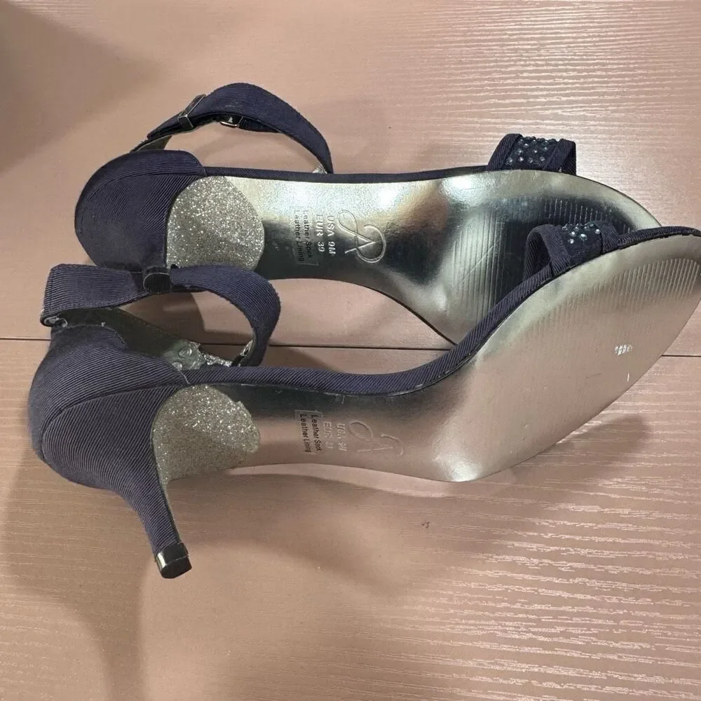 ADRIANNA PAPELL 9 AVRIL CRYSTAL FAILLE EVENING HEELED BLUE SANDAL